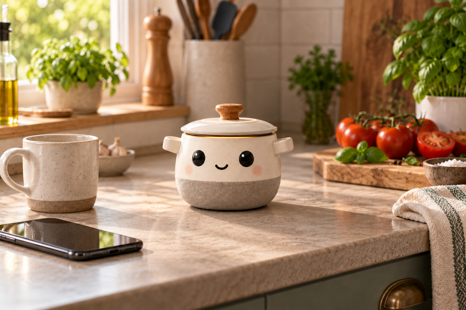 Photorealistic concept of the Souki speaker on a kitchen counter beside a mug and phone
